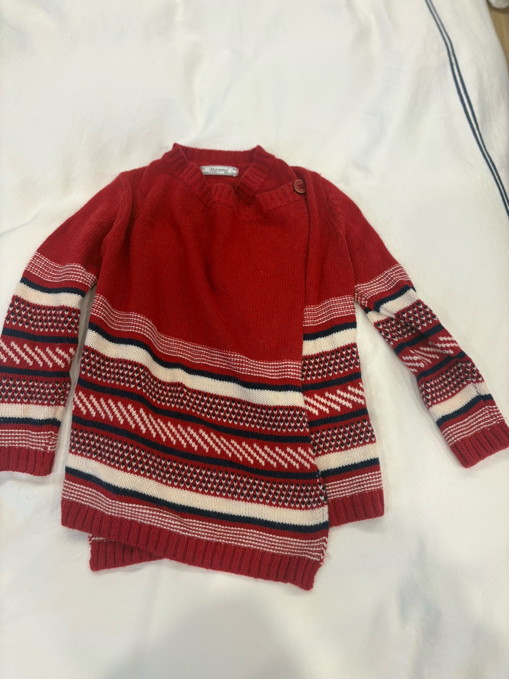 Mayoral Red Crewneck Sweater with Cream and Navy Fair Isle Stripes